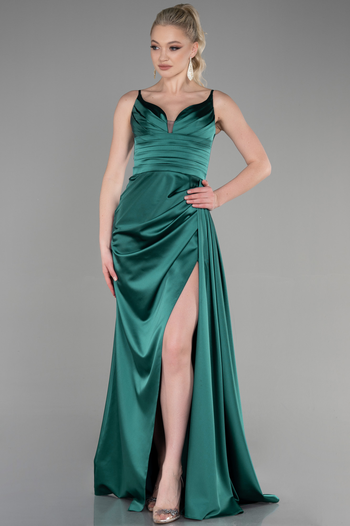Raw Silk Emerald Green Peplum Gown