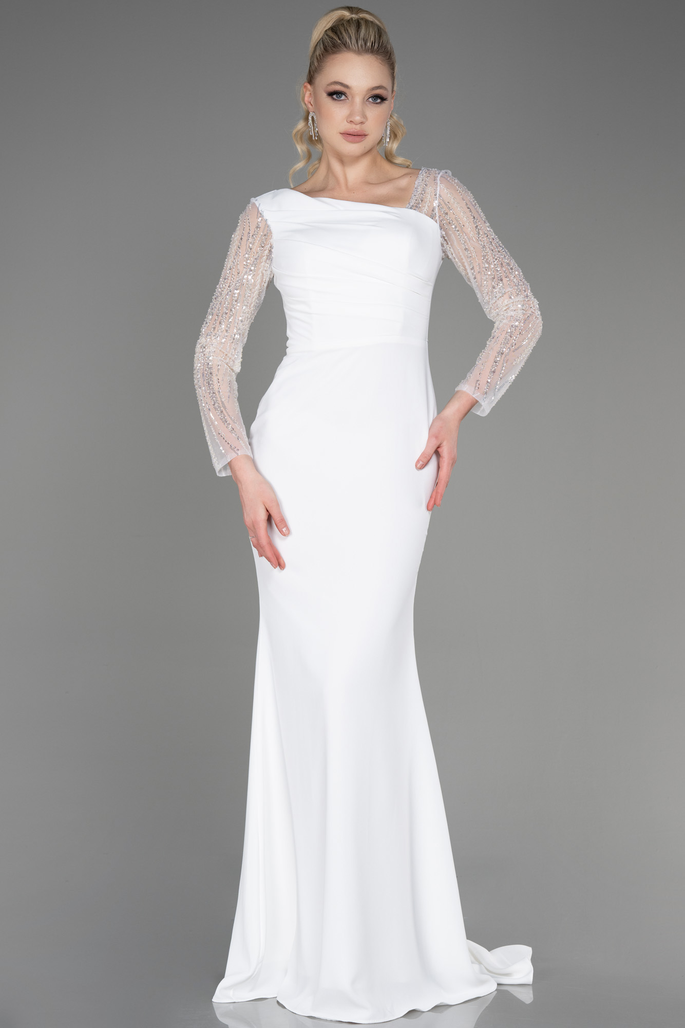 Stunning White Long Sleeves A-Line Long Formal Evening Party Dress, DP4451 main image 1