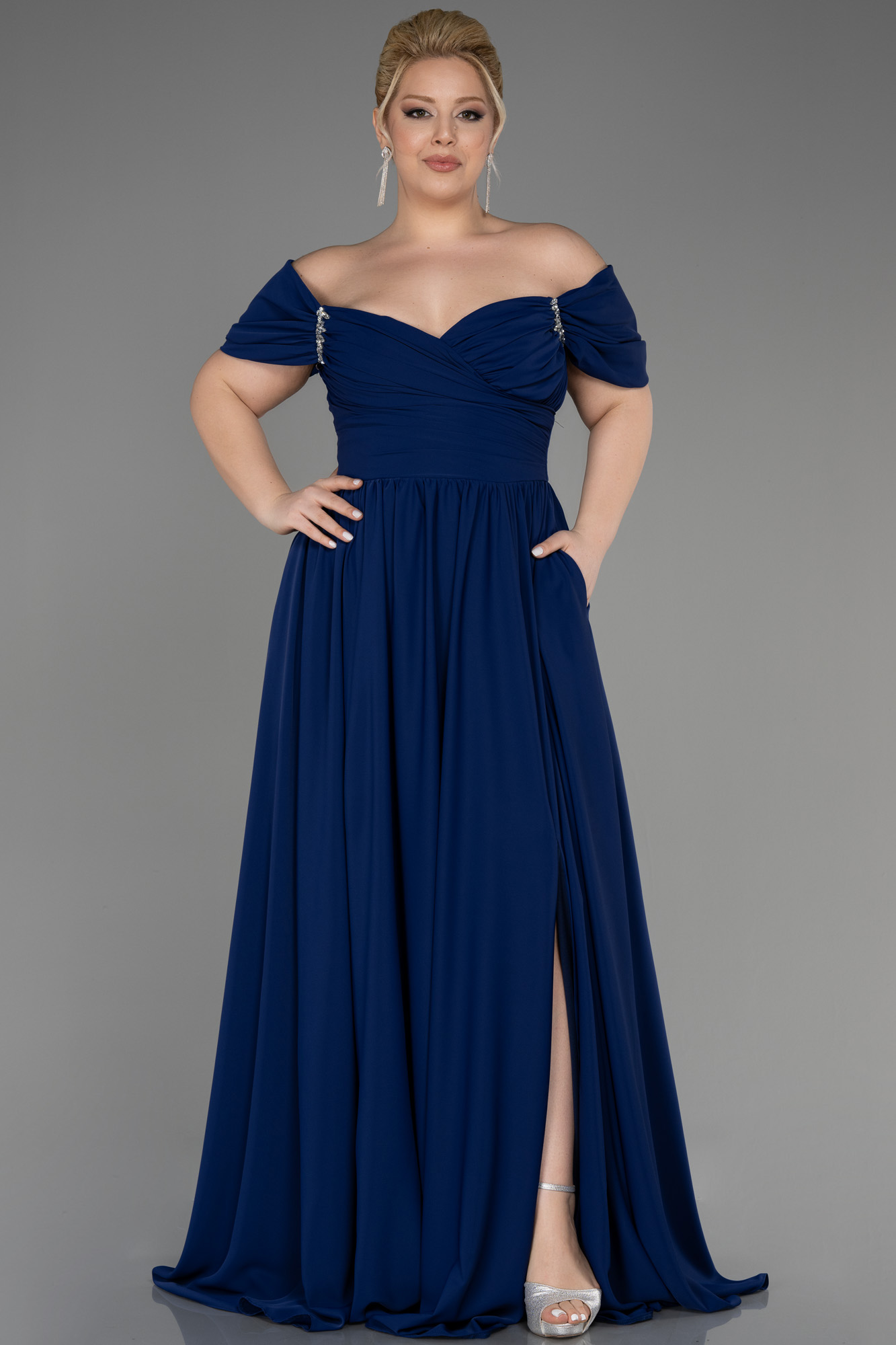 Navy Blue Long Chiffon Plus Size Evening Dress Abu3738