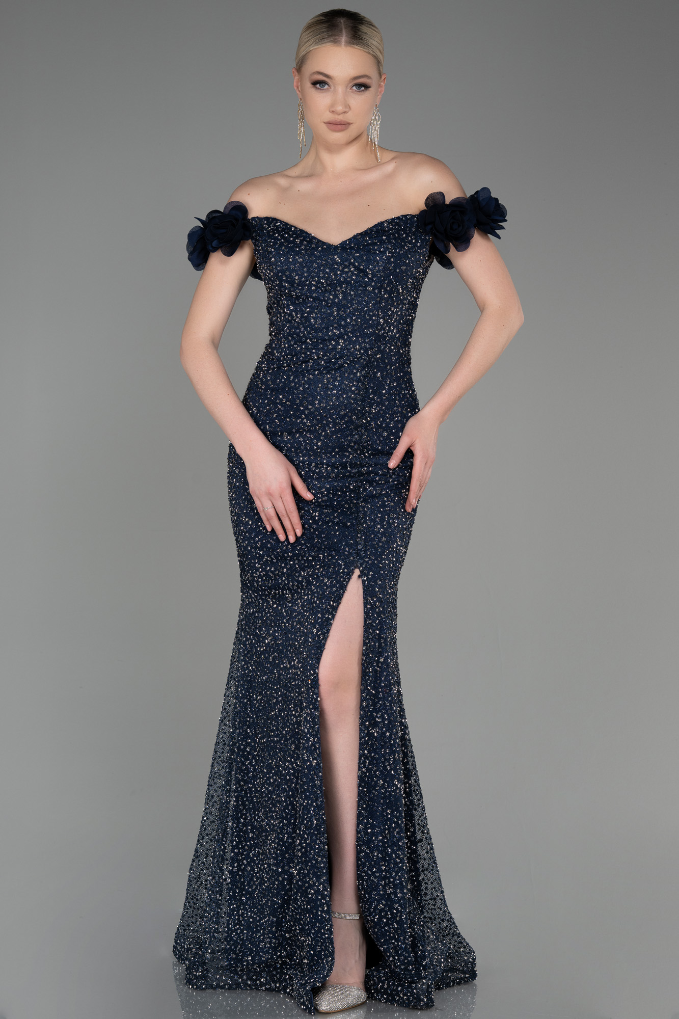 Long Sleeves Navy Blue Mermaid Prom Dresses Long Formal Dresses PO302 main image 0