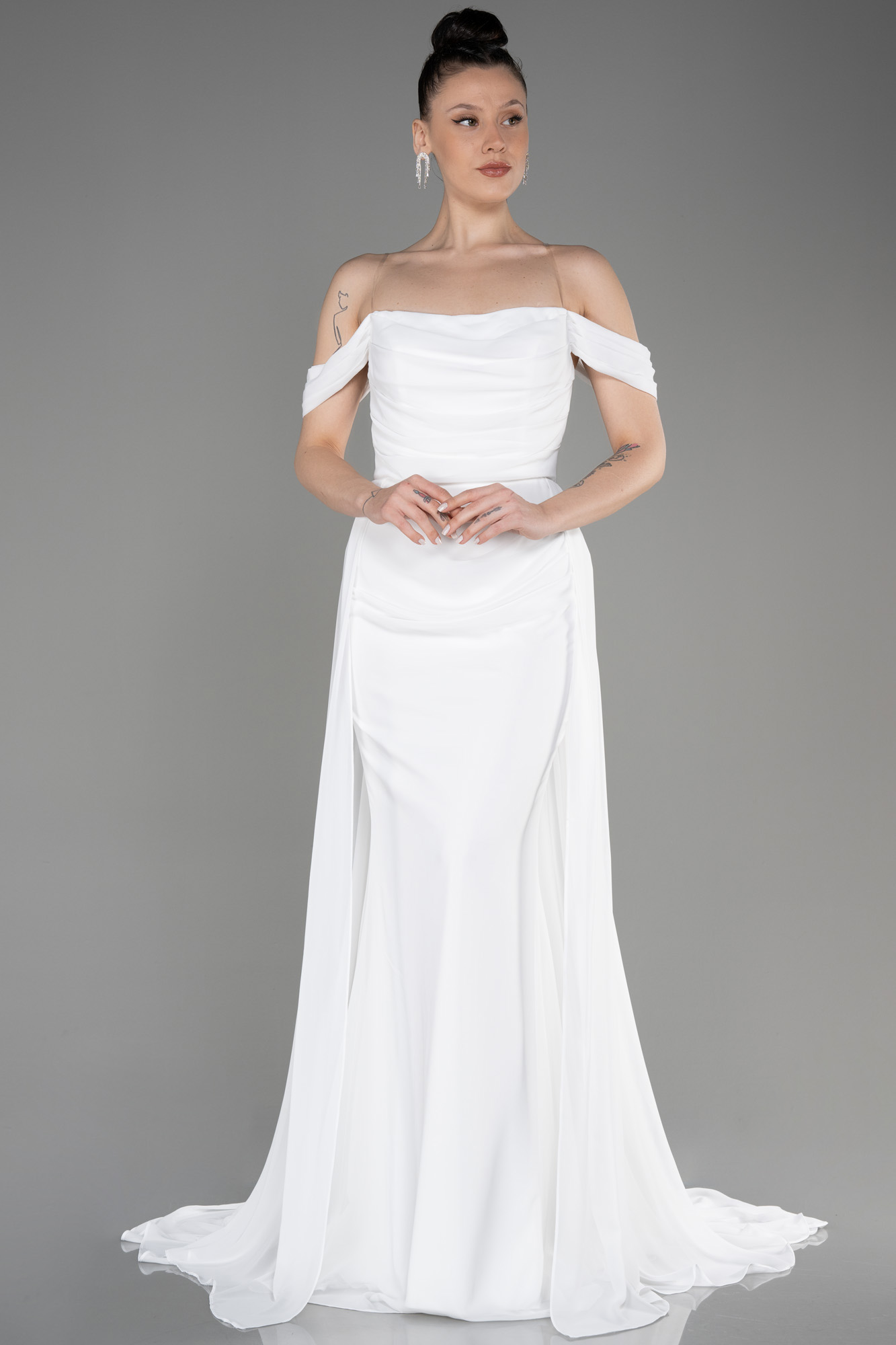 Long Chiffon Dress With Lace Bodice White