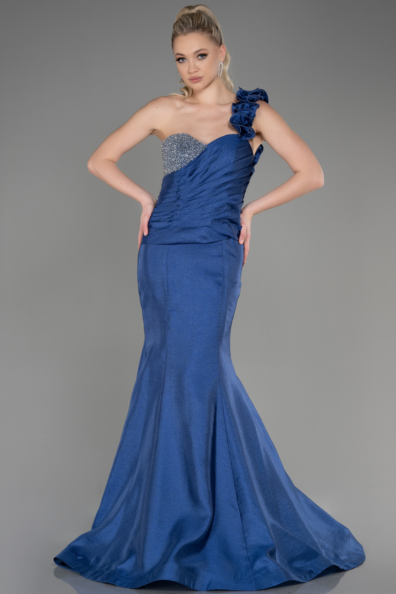 Mermaid Bateau Navy Blue Satin Backless Prom Dress LBQ0390
