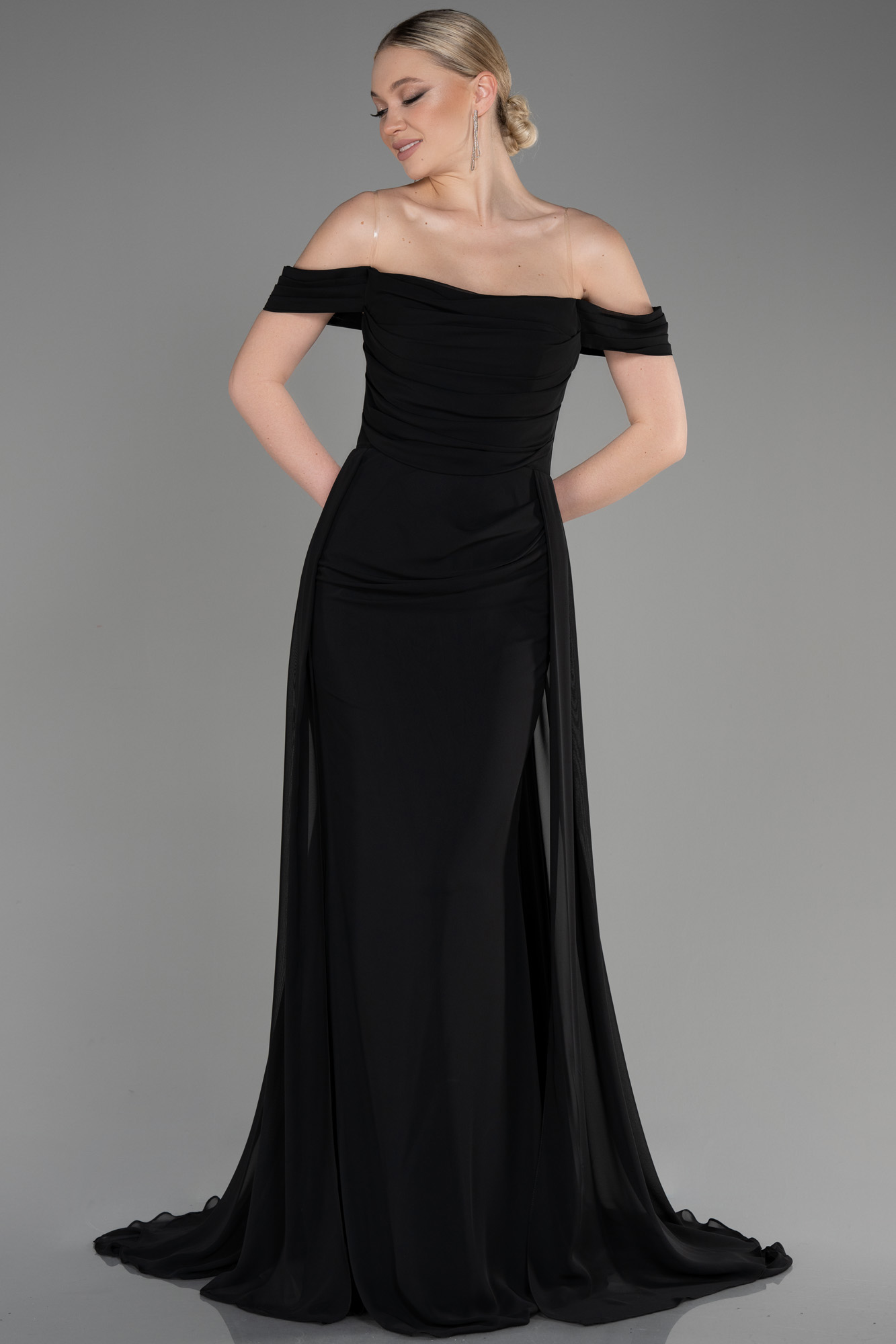 Lace Bodice Chiffon Skirt Long Dresses Black Plus Size