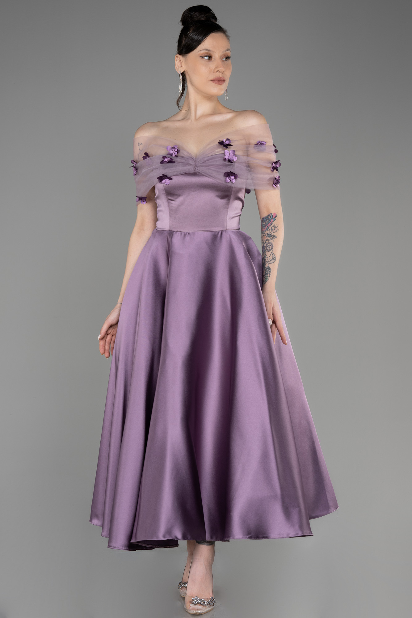 Off Shoulder Satin Cocktail Dress Lavender