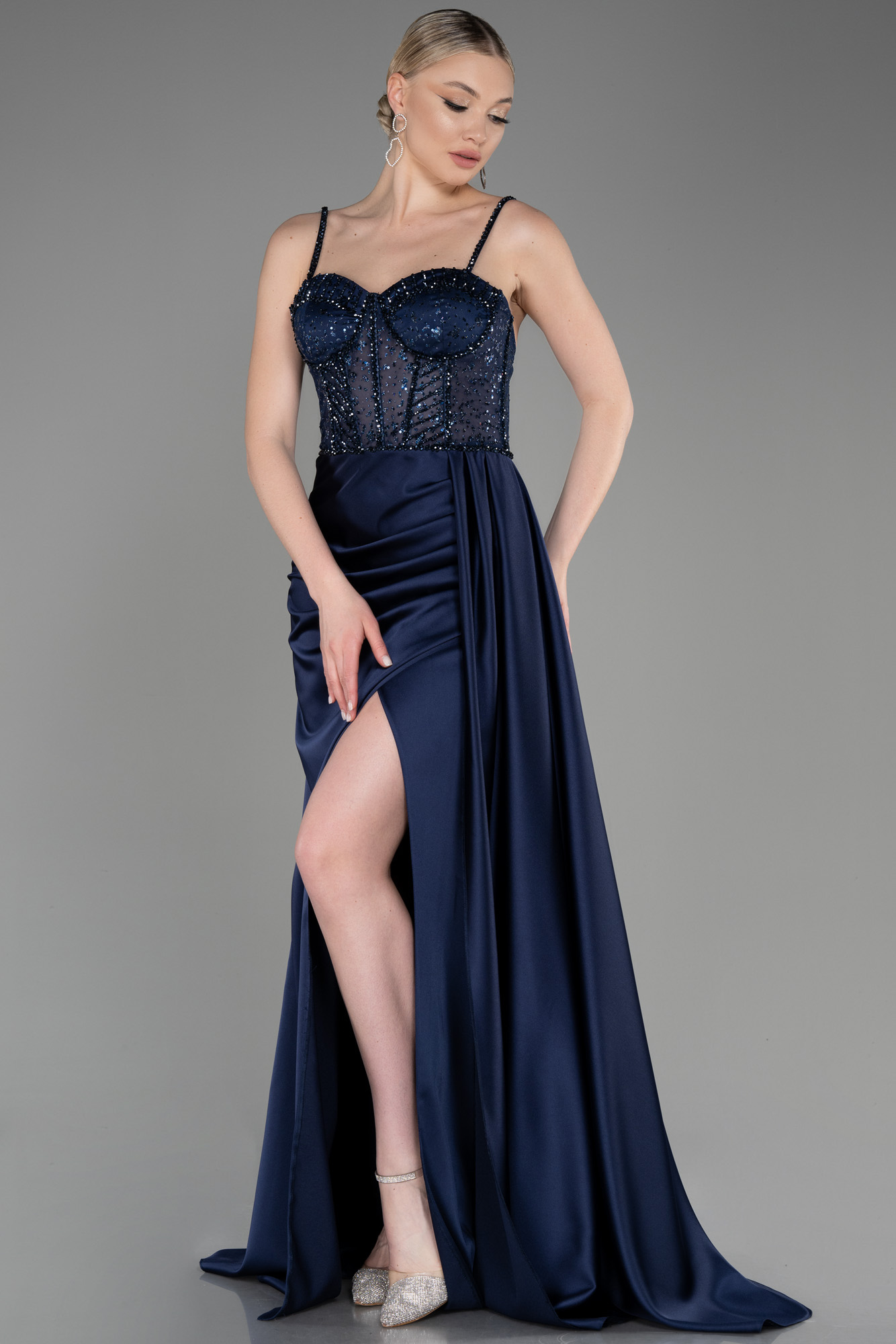 Elegant Navy Boat Neck Satin Long Evening Formal Dress With Ruffles