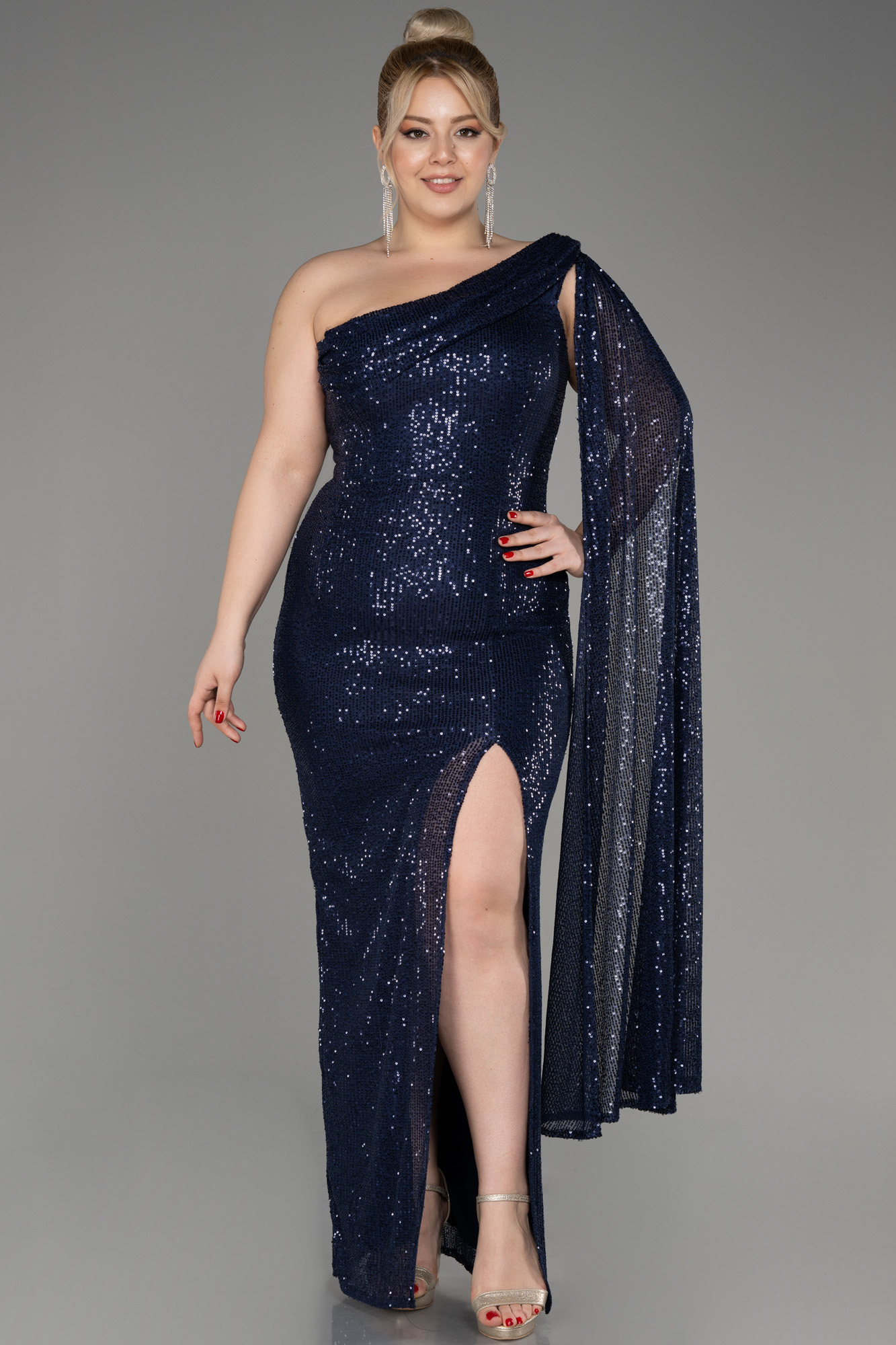 Navy Blue One Shoulder Long Sequin Plus Size Evening Dress ABU3920 ...