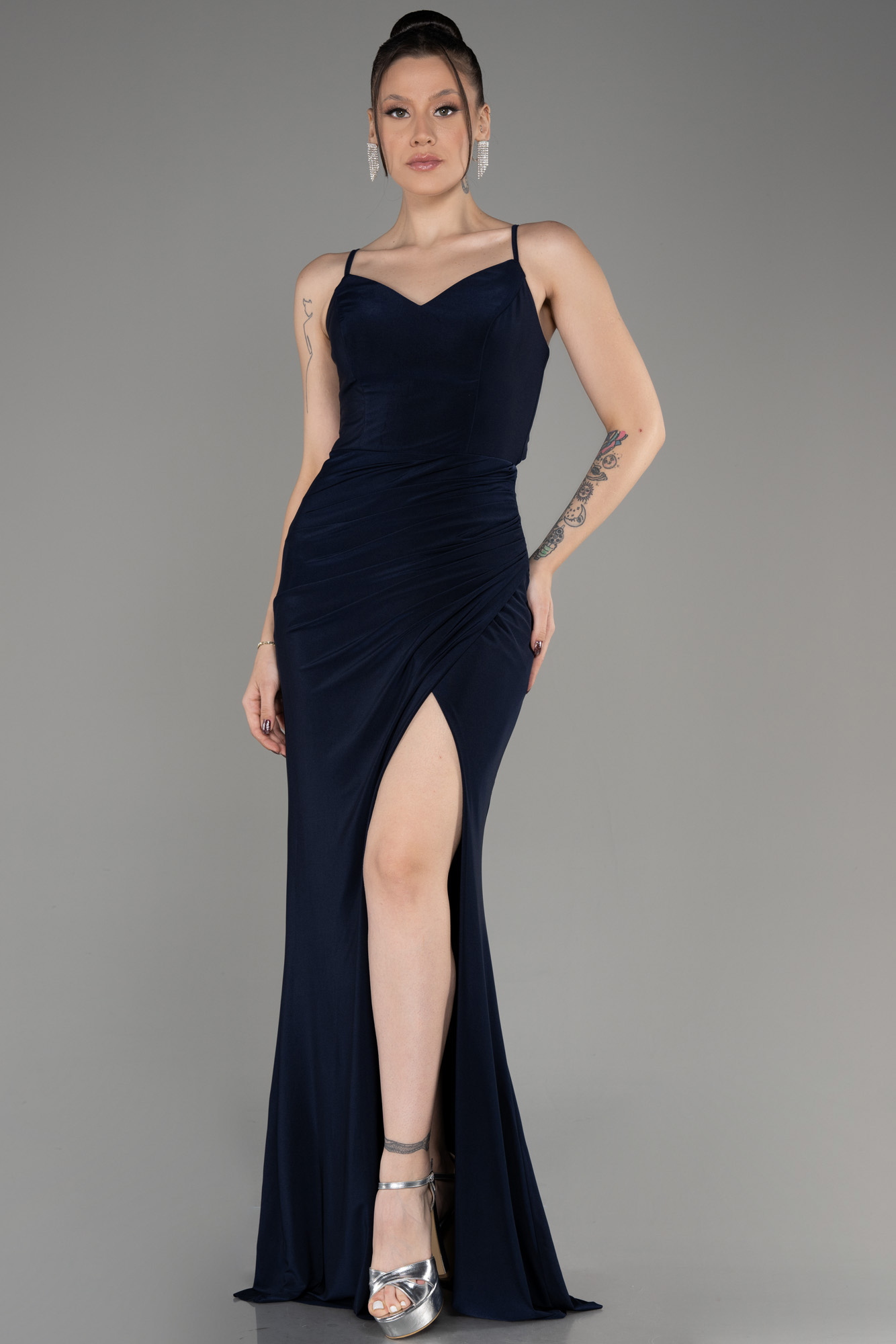 2557 Navy Blue One Shoulder Belted Slit Dress