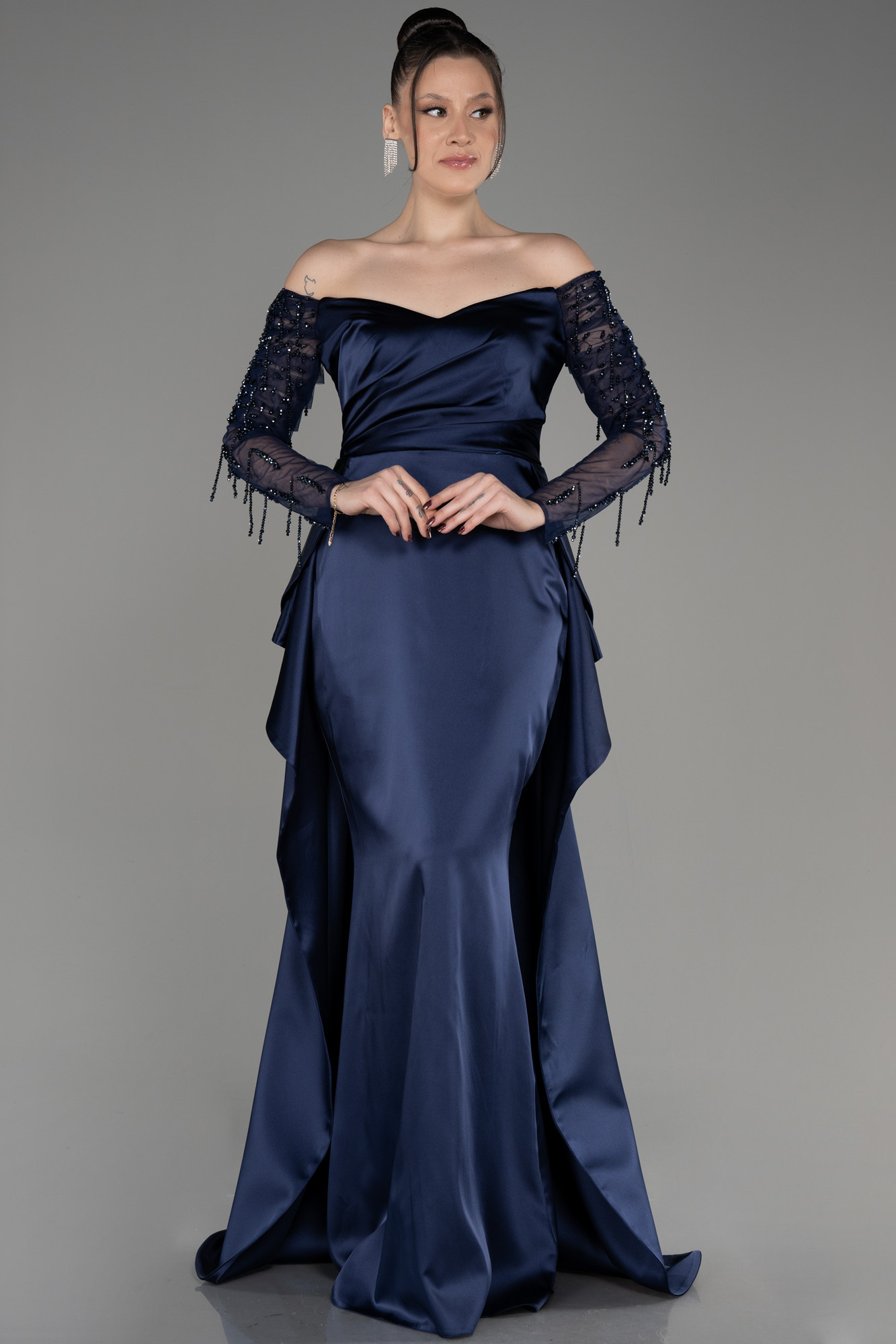 Navy Blue Off The Shoulder Long Satin Evening Dress ABU3942 | Abiyefon.com