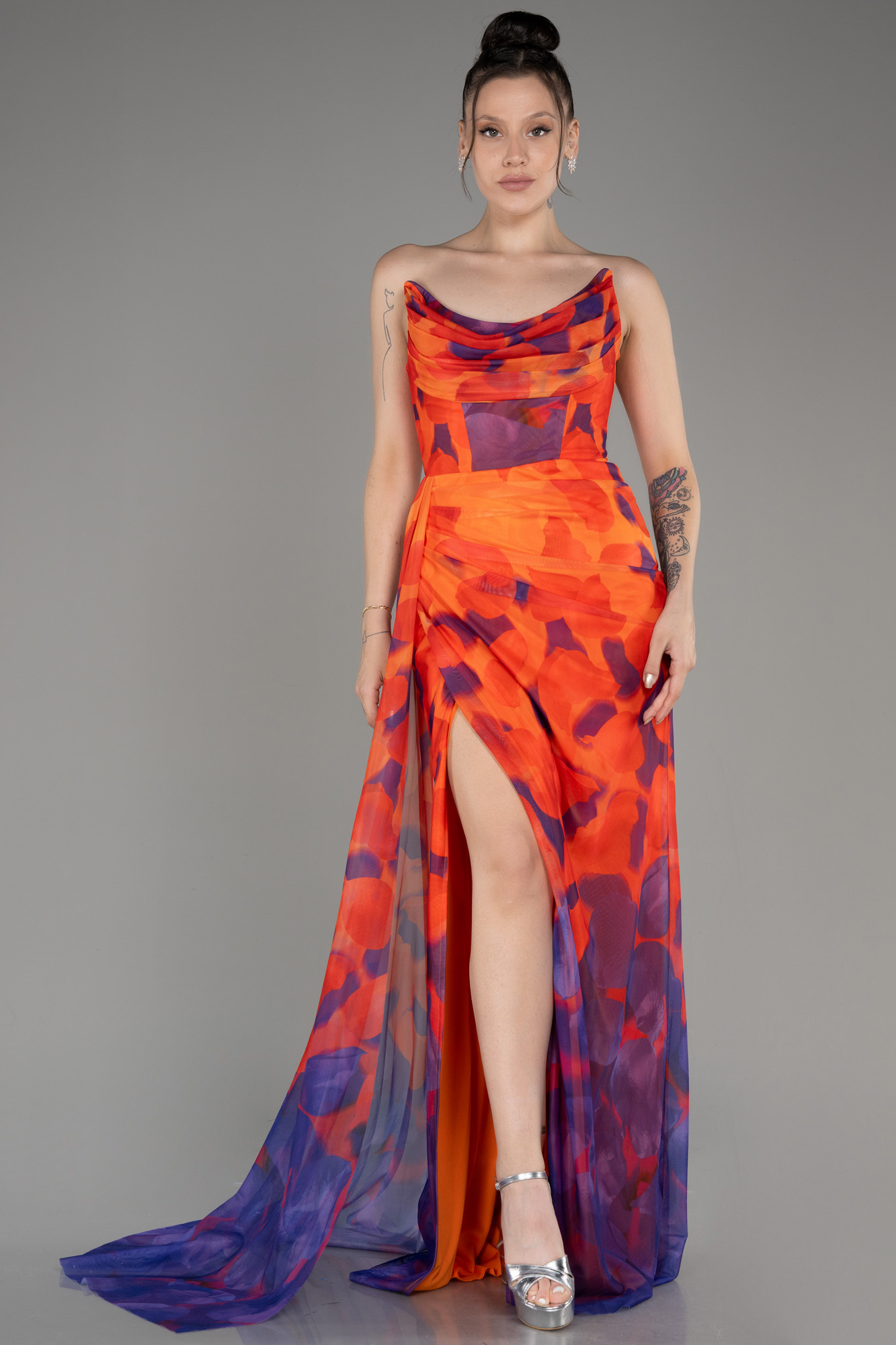 Bright Orange Puff Off the Shoulder A-Line Prom Dress with Slit
