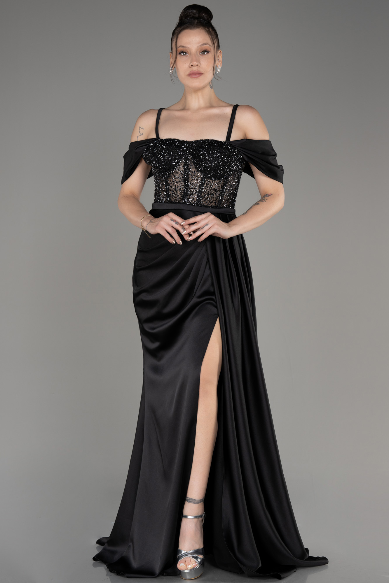 9336 Black Slit Long Evening Dress