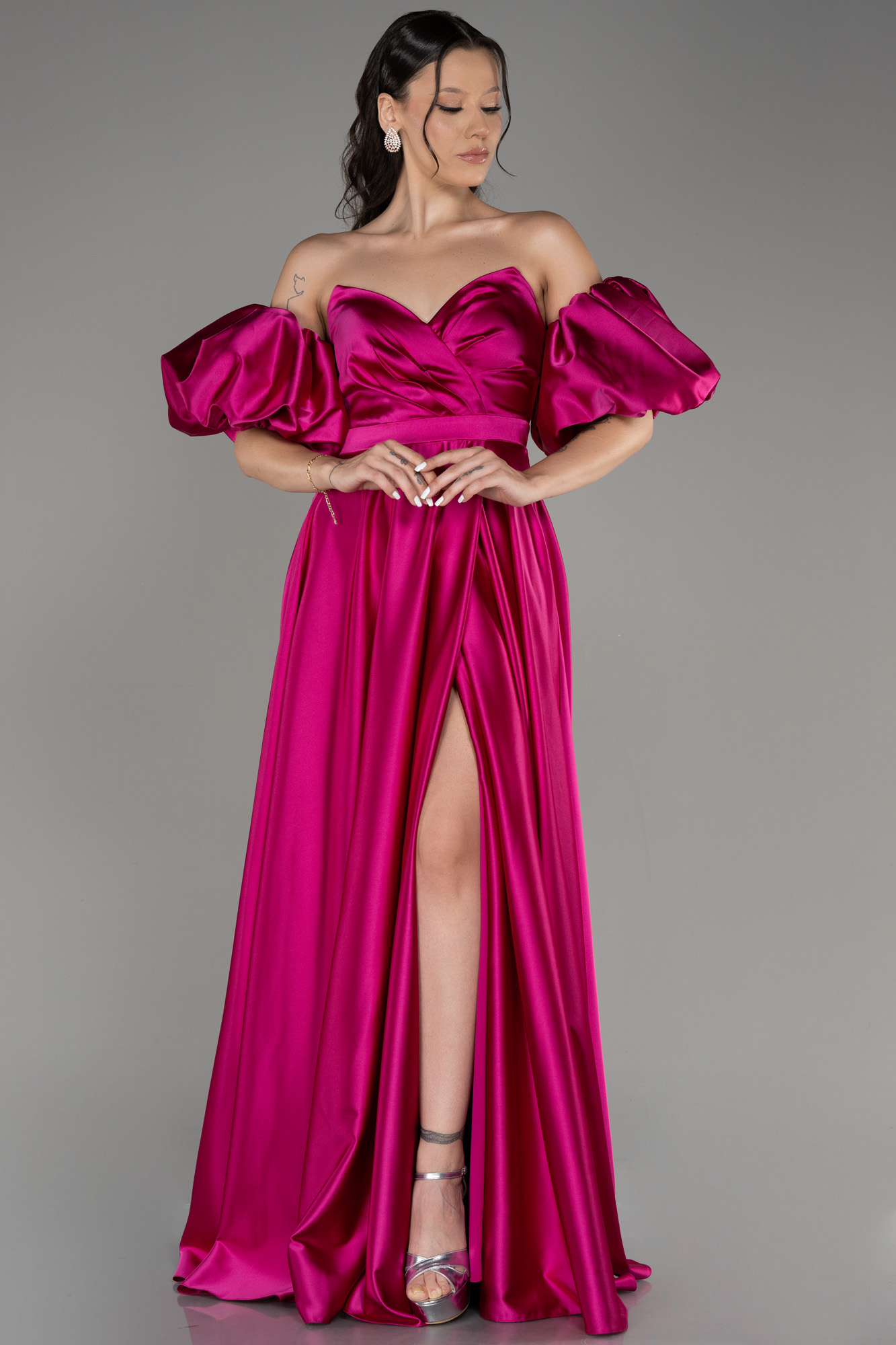 Sheath Satin Prom Dresses With Slit Fuchsia main image 0