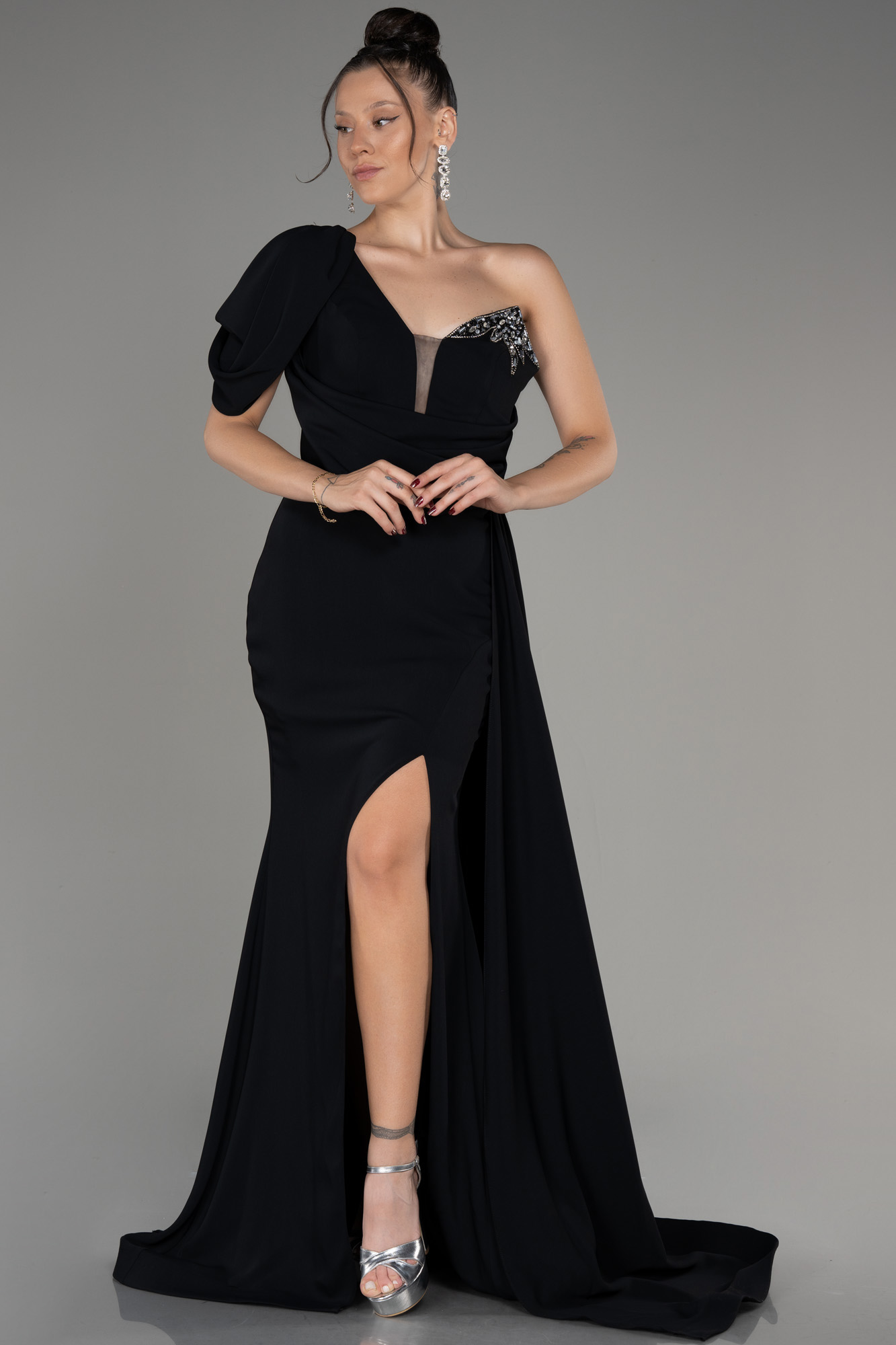 10797 Black One Shoulder Slit Dress