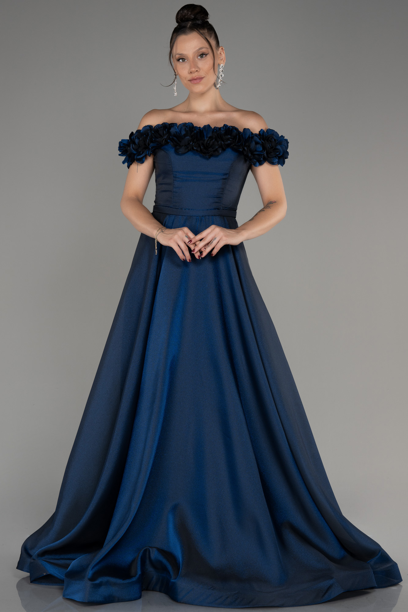 18171 Navy Blue Boat Neck Sheer Sleeve Shimmer Dress