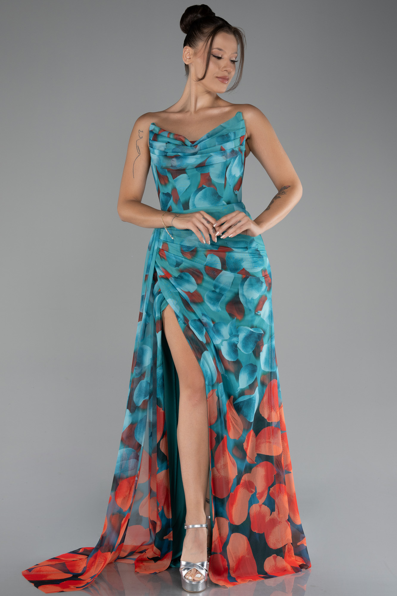 A Line Emerald Green Side Slit Strapless Satin Prom Dress with Belt LBQ4265 main image 1