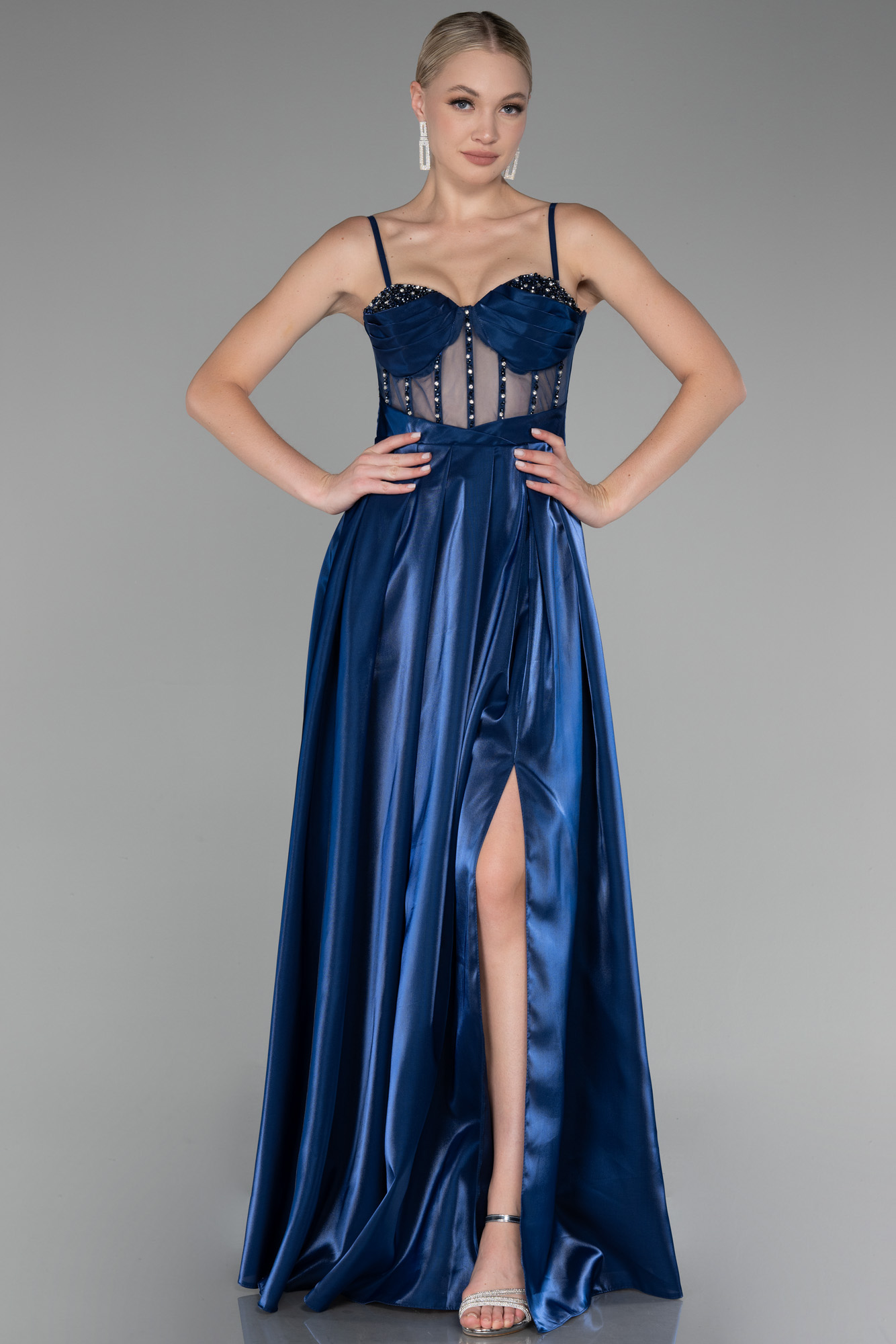 17982 Navy Blue Draped Wrap Skirt Slit Satin Dress