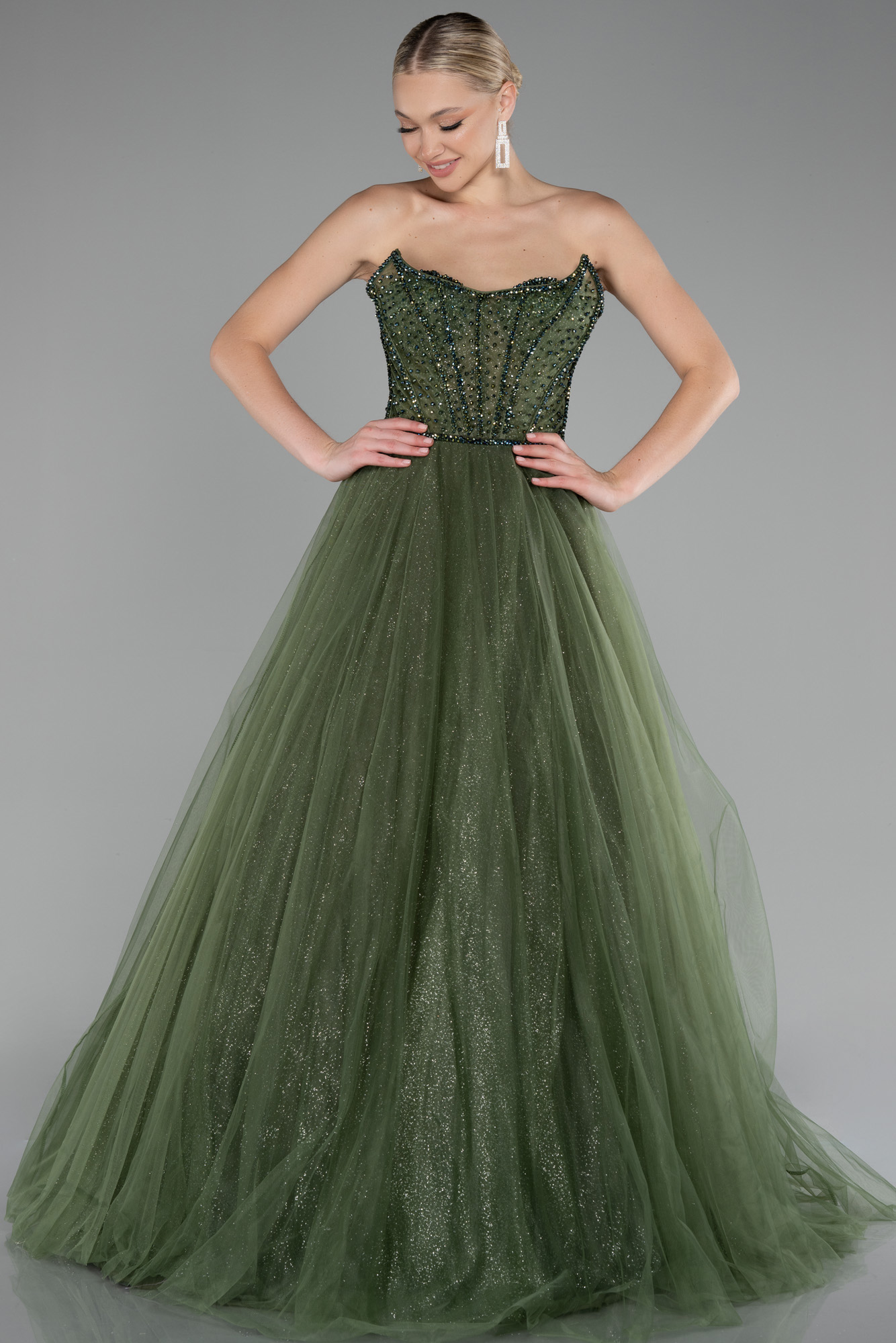 Vintage Strapless Olive Green Satin Lace Beaded Ball Gown Long Evening Dress main image 0