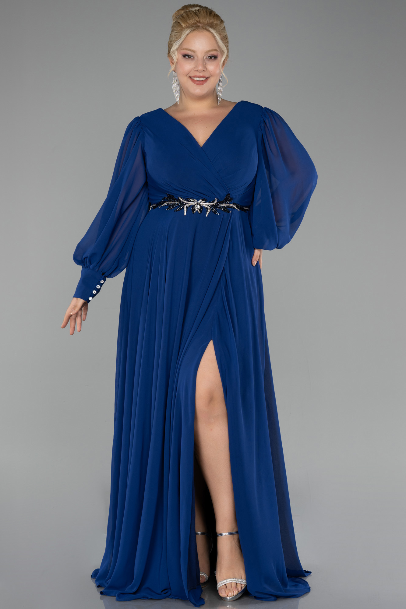 Pleated Bodice Chiffon Full Length Gowns Slate Blue Plus Size