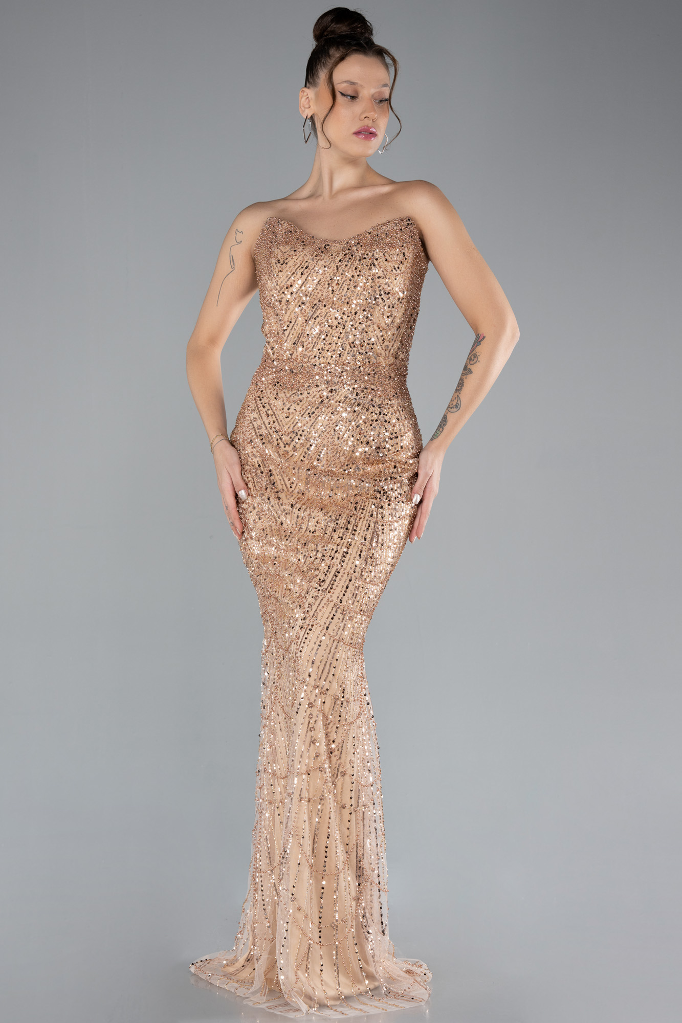 Beaded Diamond High-Neck Long Sleeve Evening Gown+