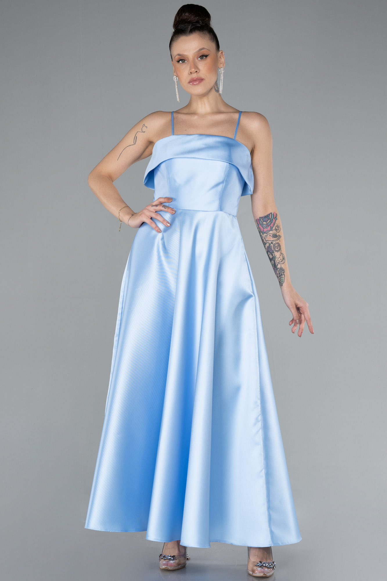 Satin Strappy Back Dress in Blue