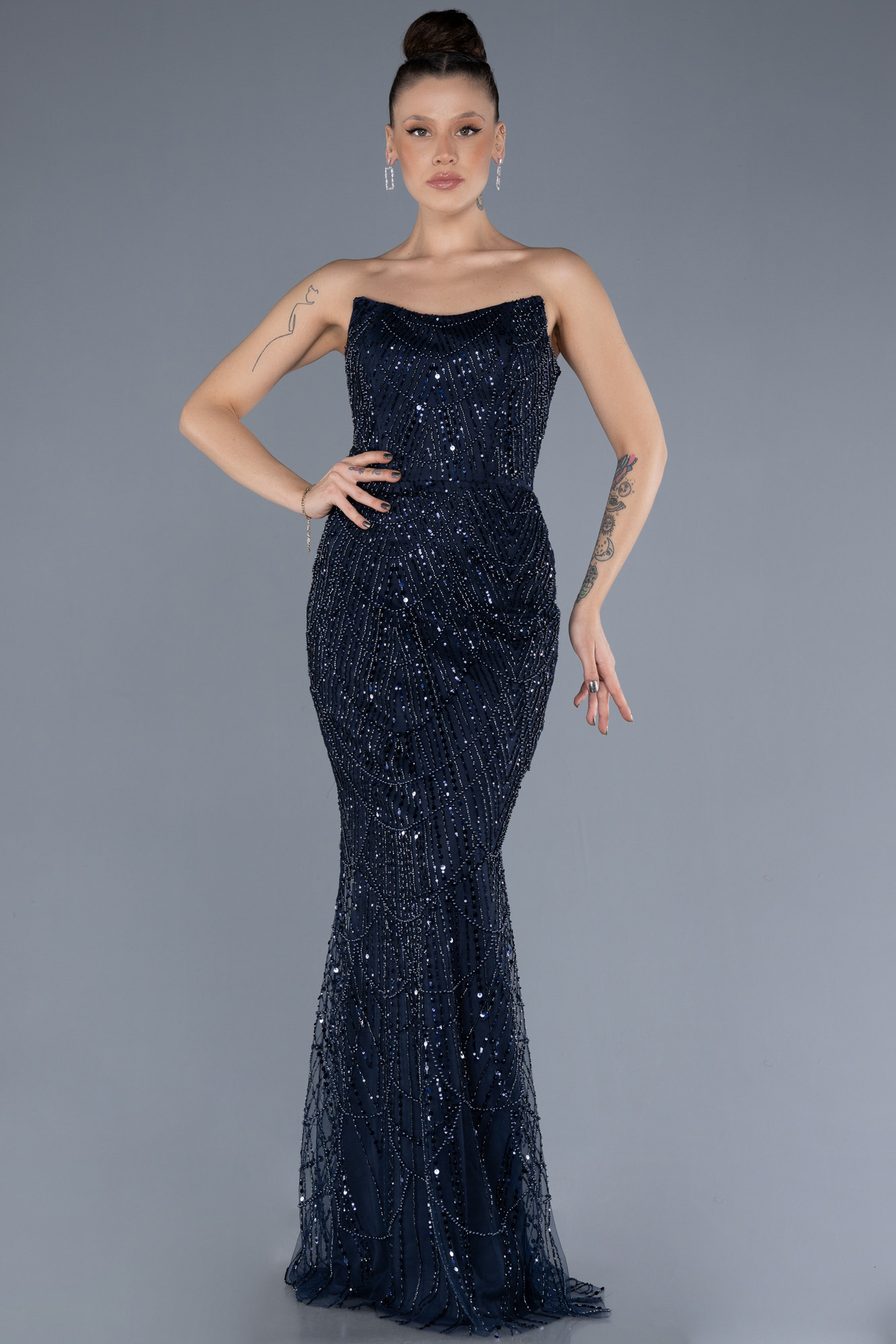 Vintage Navy Blue Chiffon Ruched Evening Gown ,Mermaid Party Prom Dress Y8076