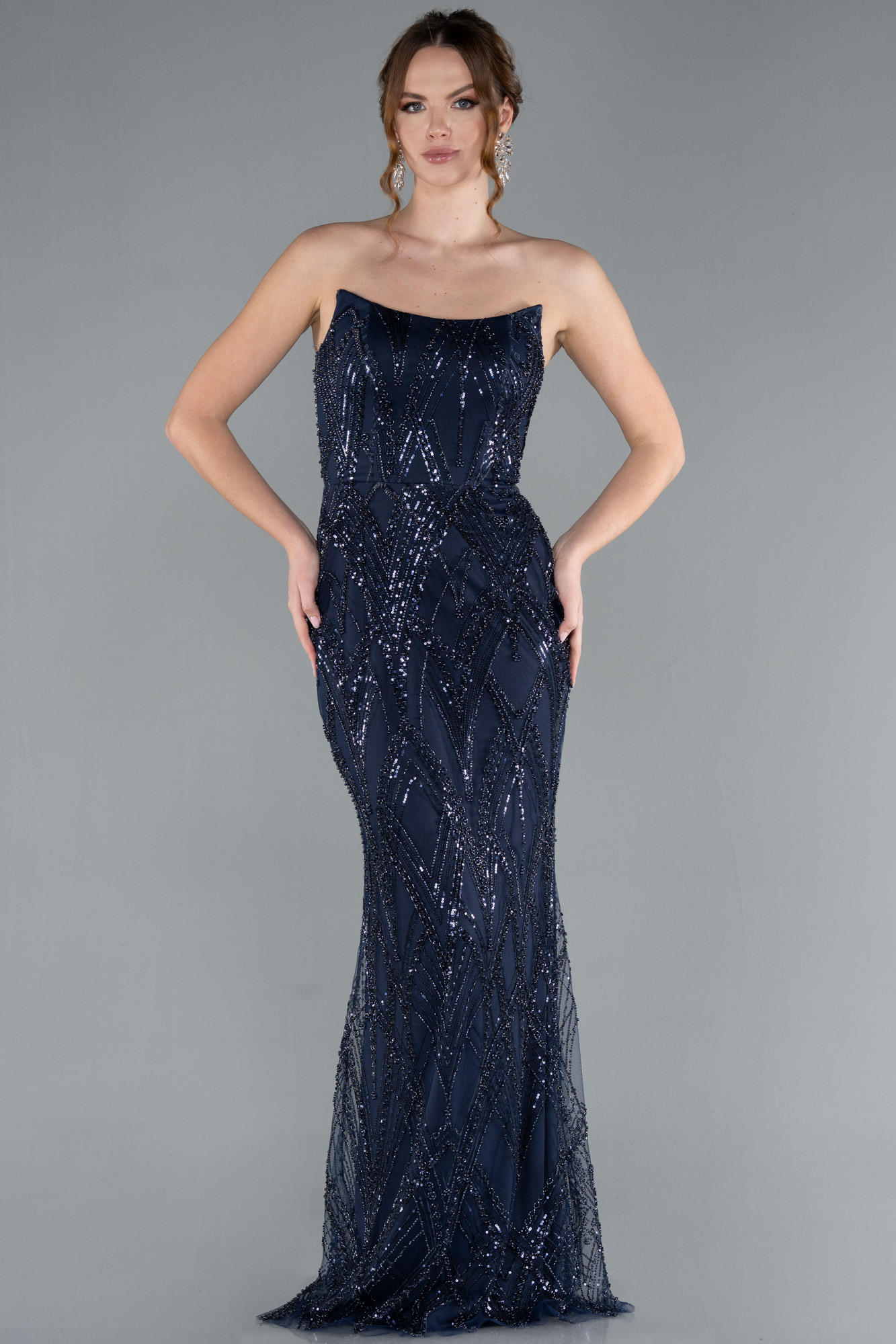 Navy Blue Embroidered Long Gown