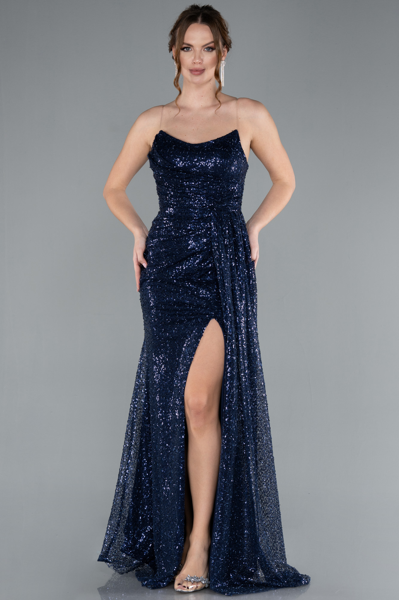 Navy Blue Strapless Slit Long Sequined Evening Gown ABU4776 | Abiyefon.com