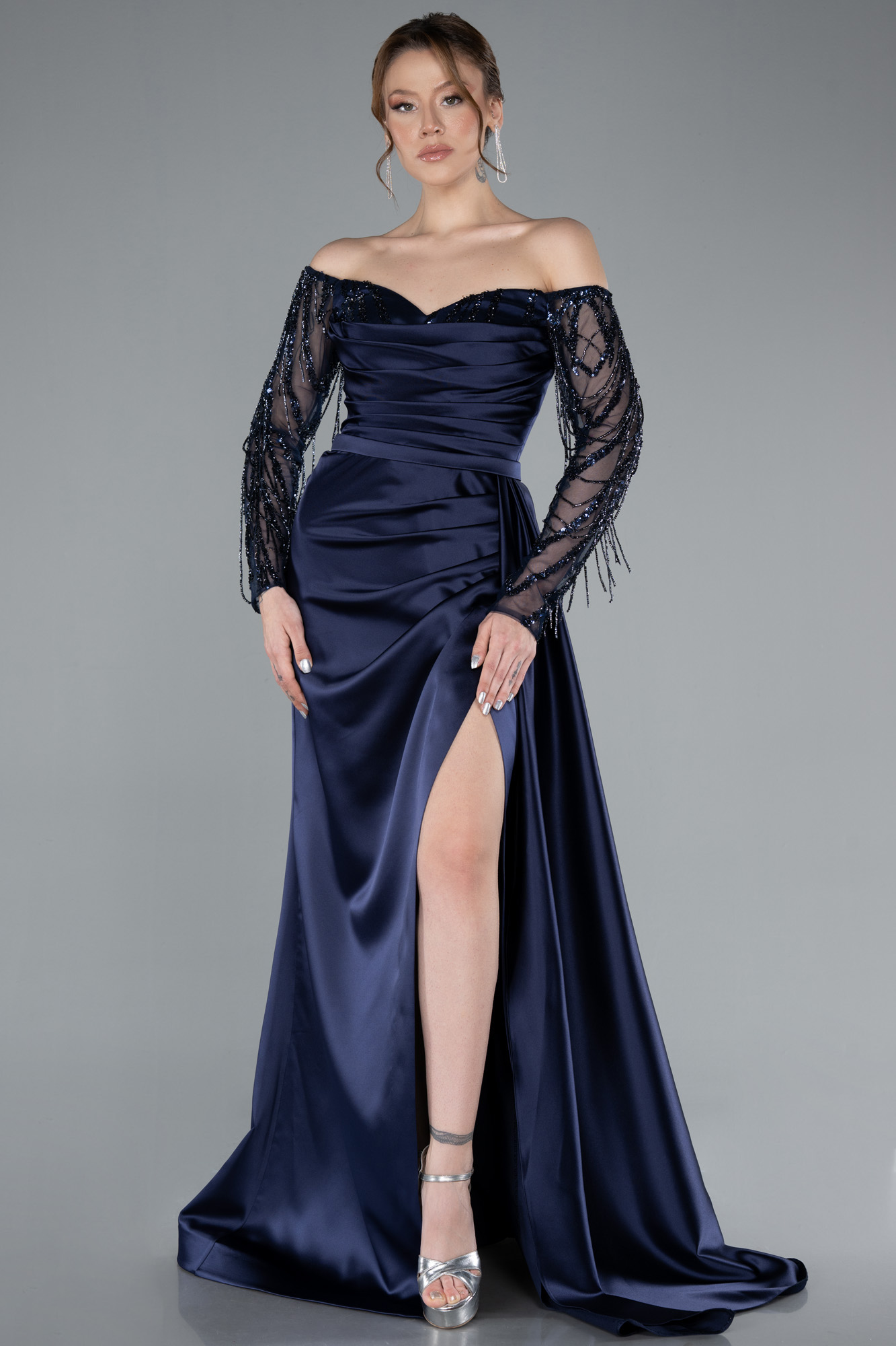 Navy Blue Off The Shoulder Stone Long Sleeve Slit Satin Evening Gown ...