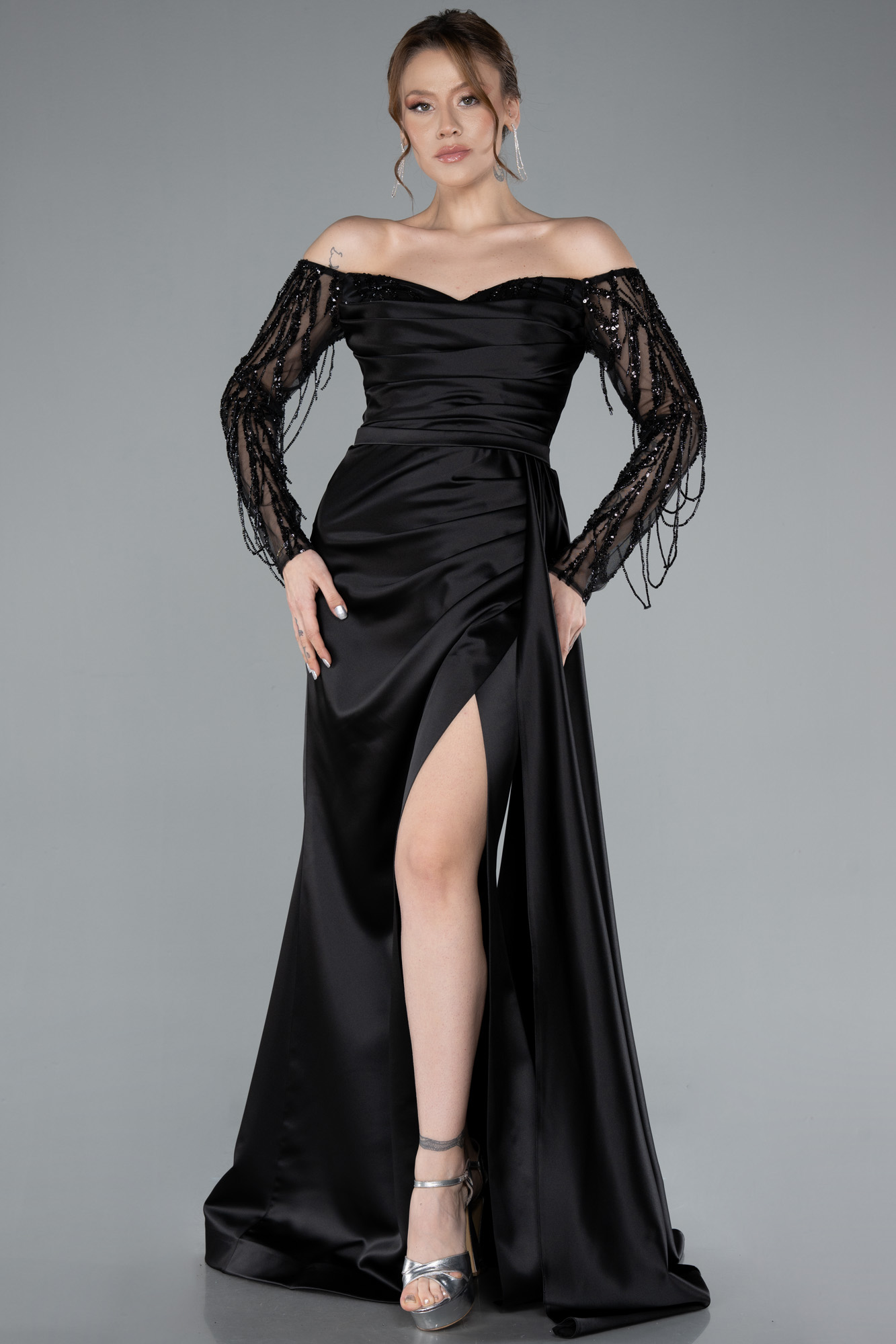 Black Off The Shoulder Stone Long Sleeve Slit Satin Evening Gown ...