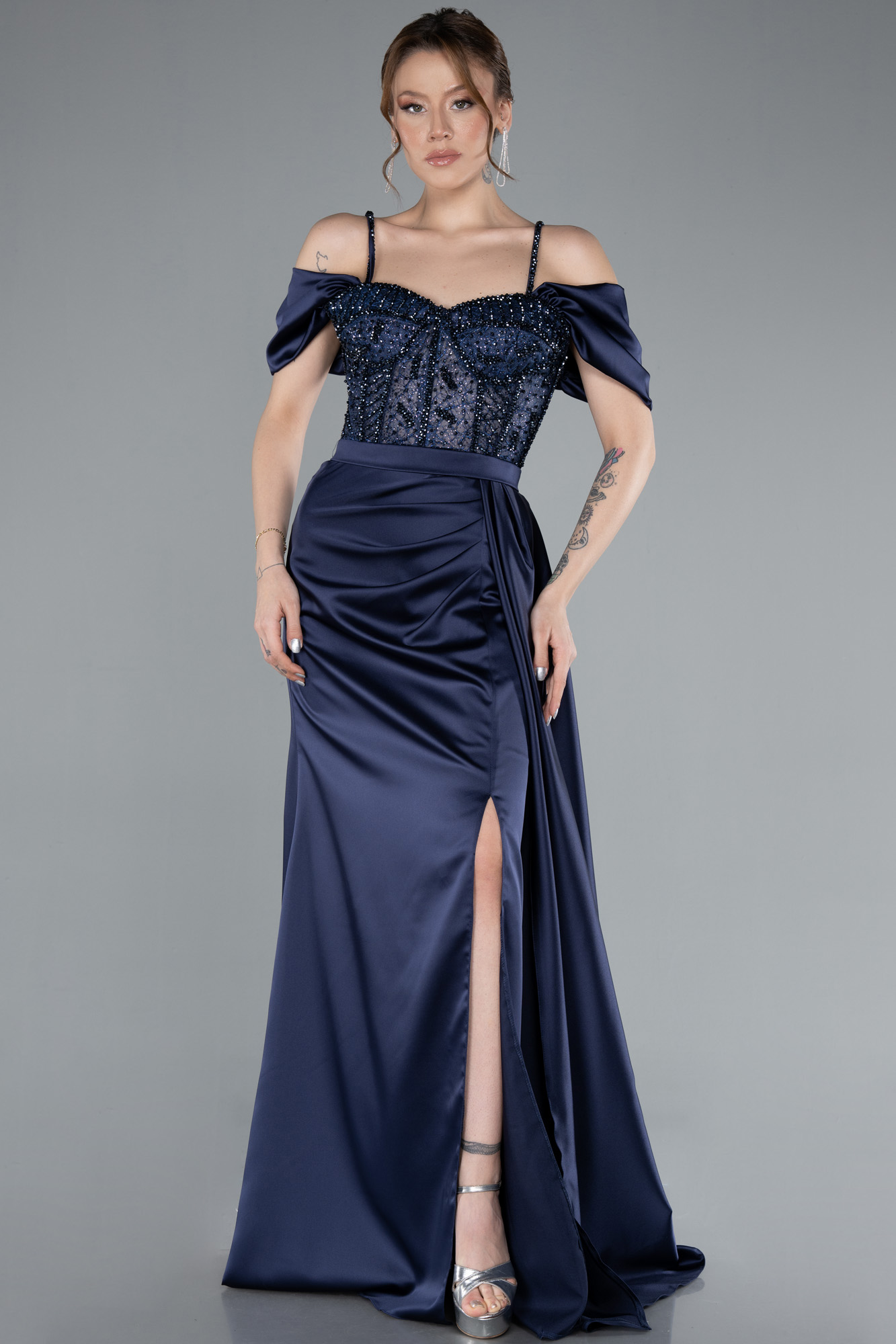 A-Line Strapless Slit Dreamy Gown With Ruffle Navy Blue