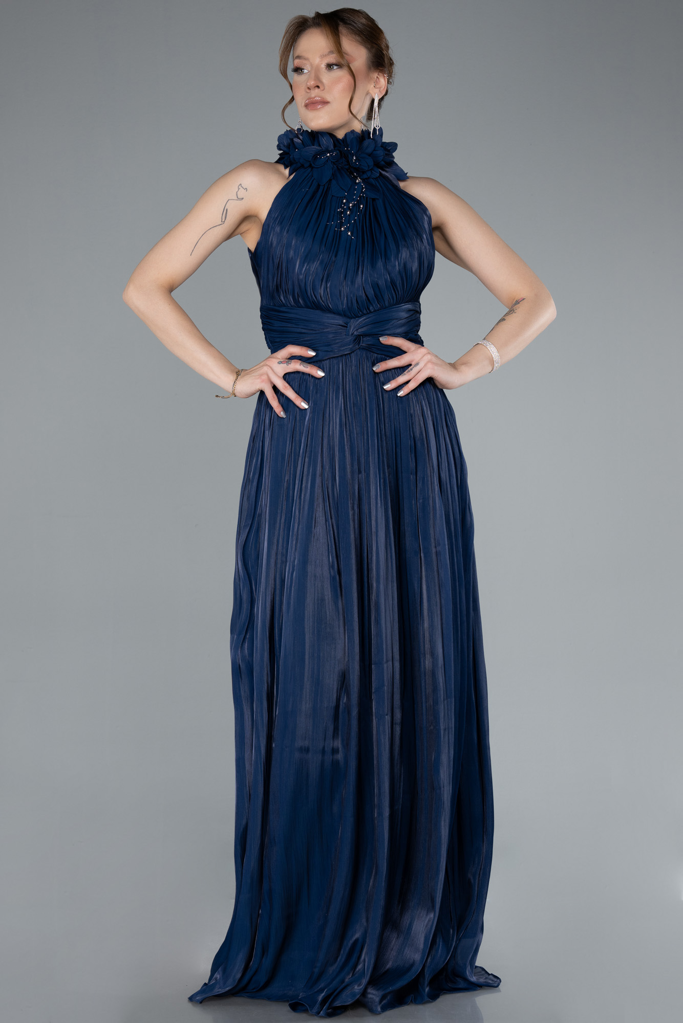 V neck Chiffon Long Dresses with Straps Ocean Blue