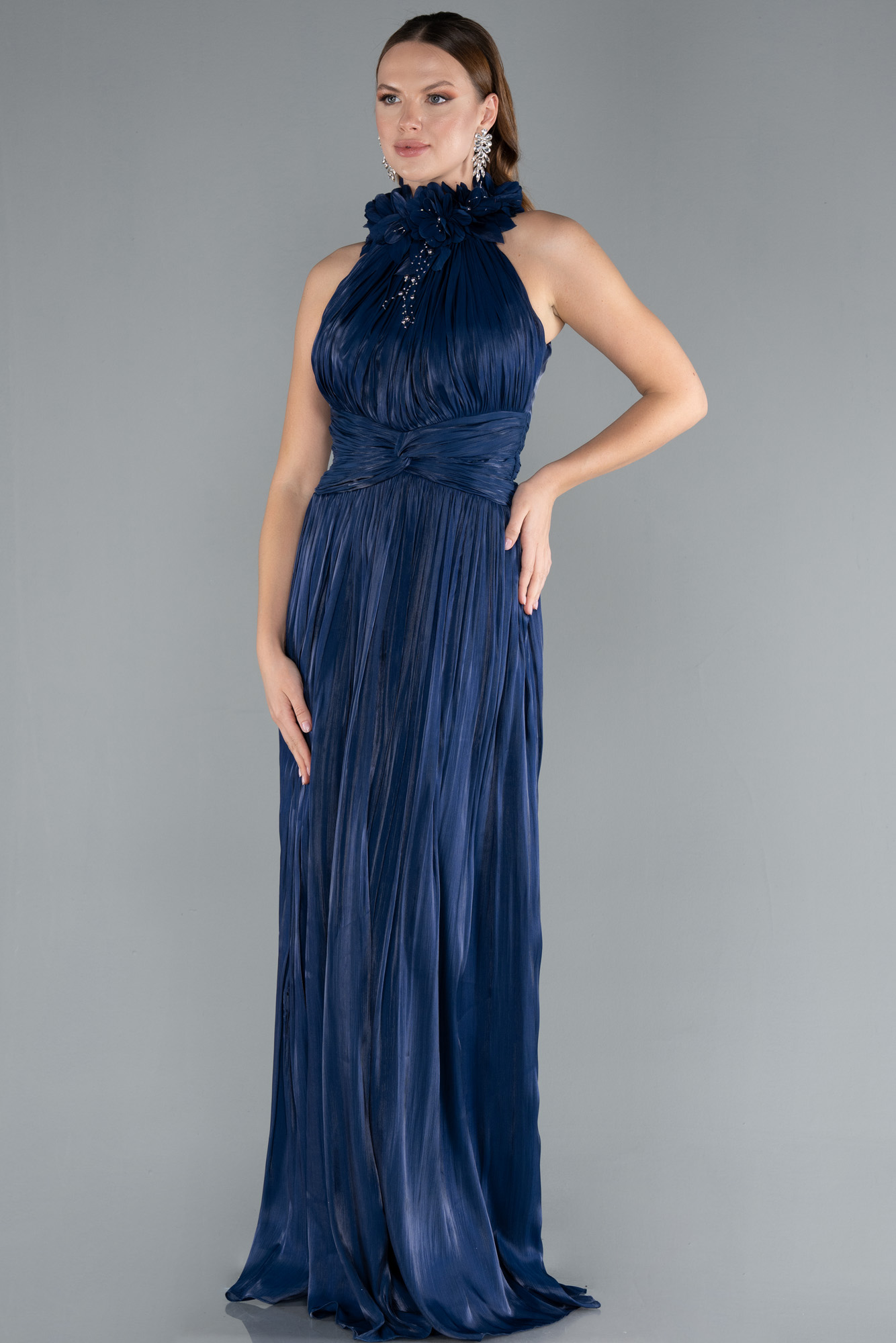 Halter Short Chiffron Dresses with V neck Ocean Blue