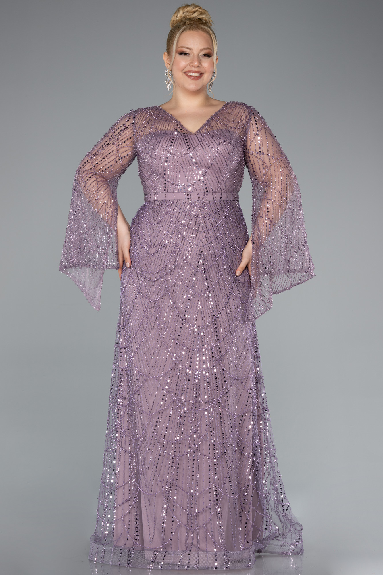 Long Lace Cap Sleeves Chiffon Gown with V Neck Sunset Plus Size