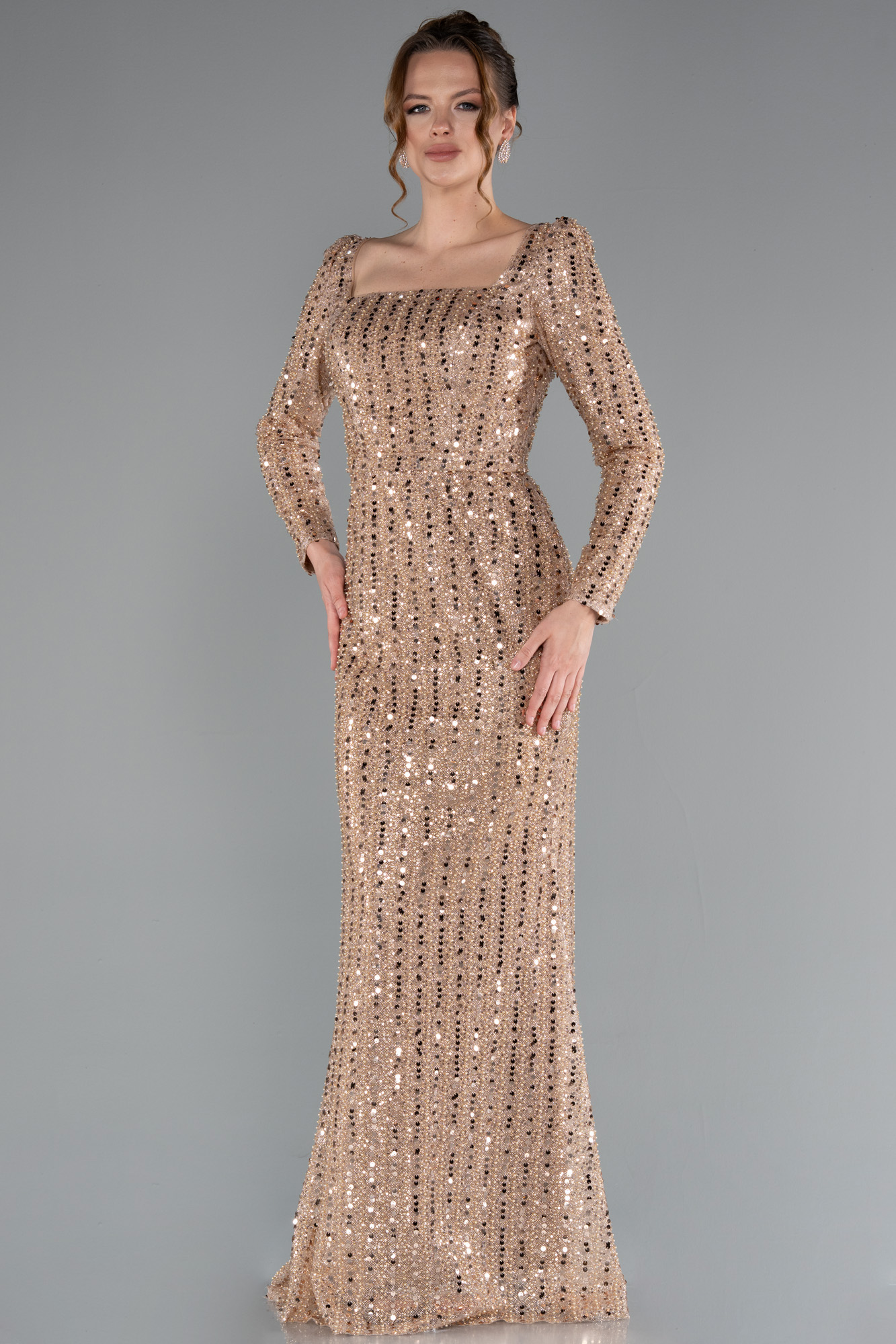 yellow evening dress, long sleeve evening dress, formal wear, beaded evening dress S23450