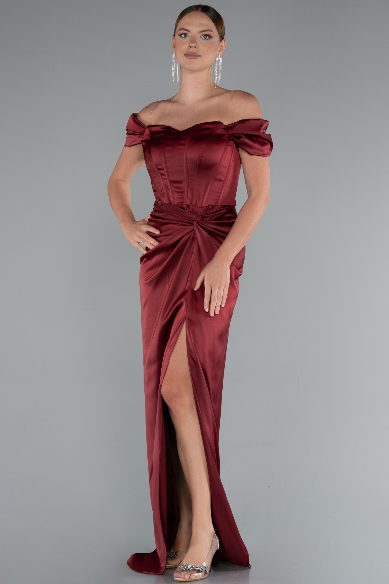 Cicinia Burgundy Prom Dresses Long Soft Satin Sheath Sweep Train Strapless Charming