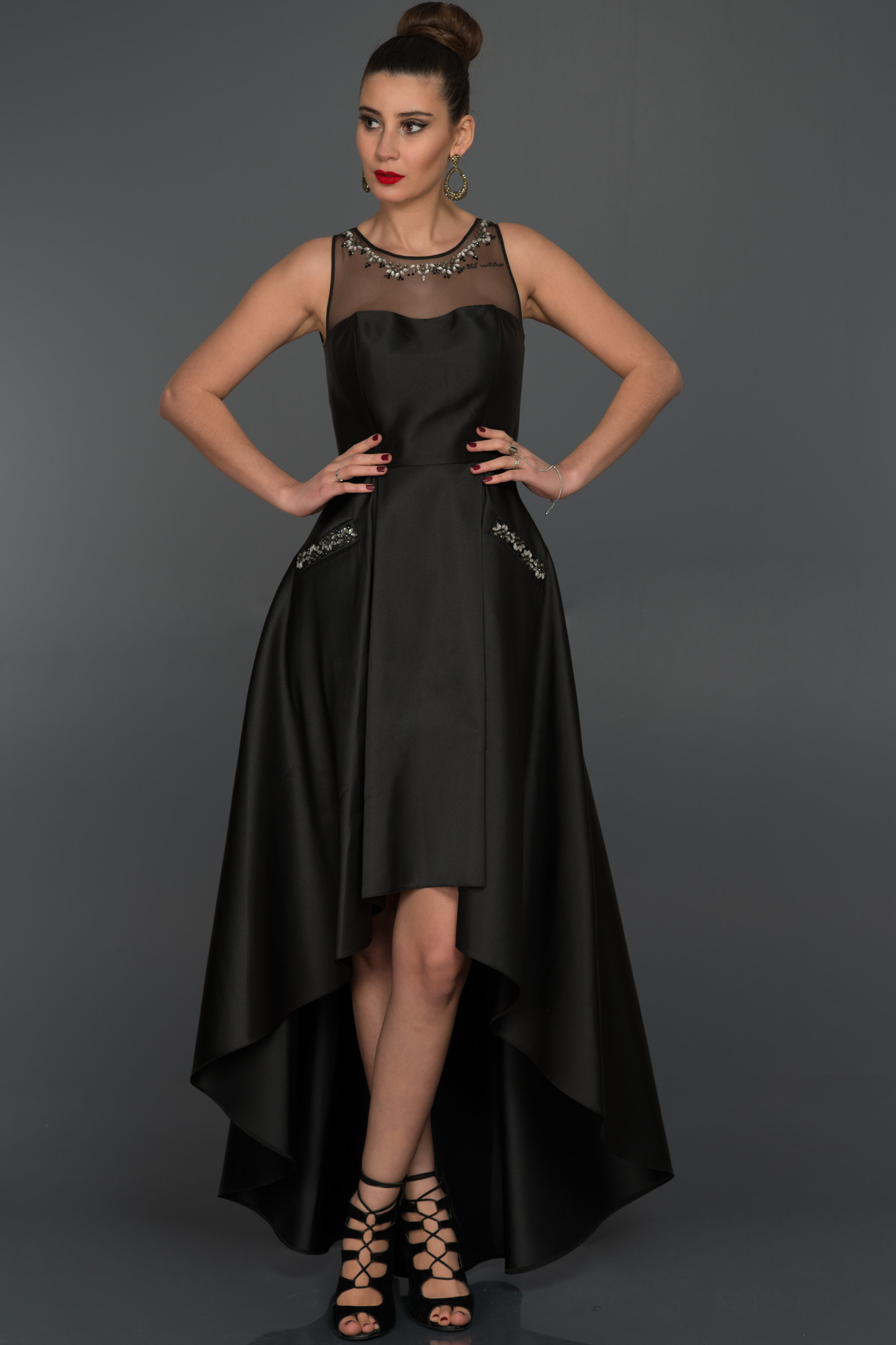 Front Short Back Long Black Evening Dress S4371 | Abiyefon.com