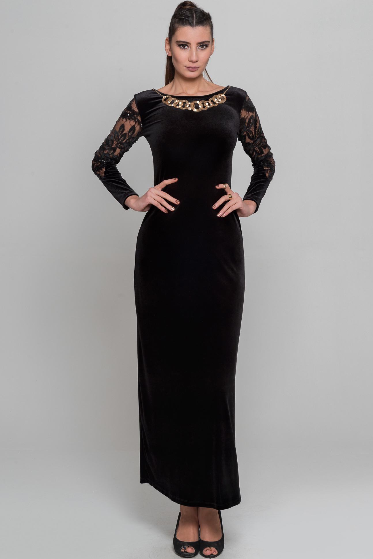Long Black Velvet Evening Dress AR36758 | Abiyefon.com