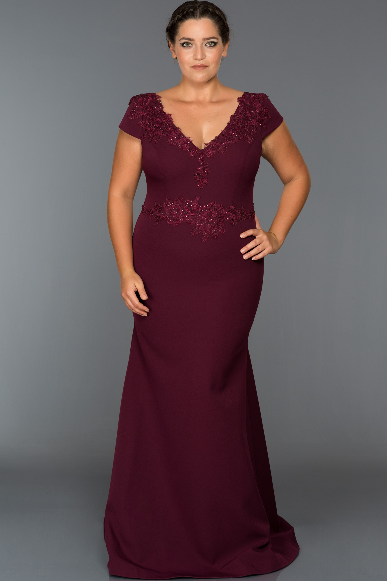 Long Dress with Lace Bodice and Straps Burgundy Plus Size