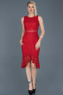 Short Red Laced Evening Dress ABK616