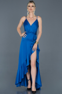 Front Short Back Long Sax Blue Satin Evening Dress ABO095