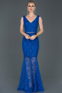 Sax Blue Long Laced Evening Dress ABU855