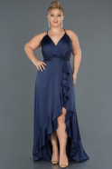 Long Navy Blue Satin Plus Size Evening Dress ABU1095