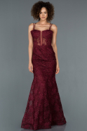 Long Burgundy Laced Prom Gown ABU1257