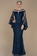 Long Navy Blue Laced Mermaid Prom Dress ABU1395