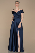 Long Navy Blue Satin Prom Gown ABU1259