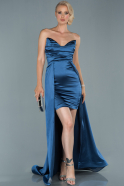 Front Short Back Long Indigo Satin Prom Gown ABO074