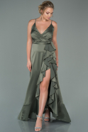 Olive Drab Front Short Back Long Satin Evening Dress ABO095