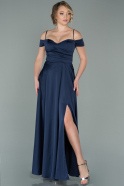 Long Navy Blue Satin Prom Gown ABU1916