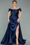 Long Navy Blue Satin Plus Size Evening Dress ABU2018