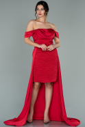 Front Short Back Long Red Satin Prom Gown ABO075