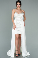 Front Short Back Long White Satin Prom Gown ABO074